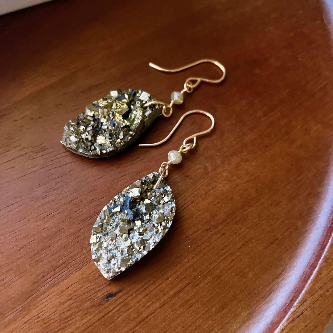 Kaya◆一点物✧パイライト×グレーイエローダイヤモンドピアス✧14kgf