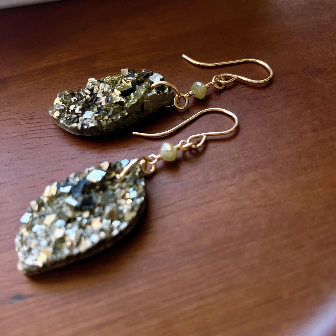 Kaya◆一点物✧パイライト×グレーイエローダイヤモンドピアス✧14kgf