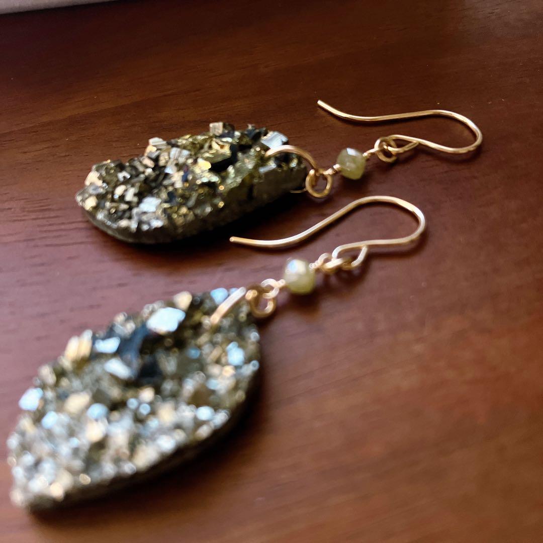 Kaya◆一点物✧パイライト×グレーイエローダイヤモンドピアス✧14kgf