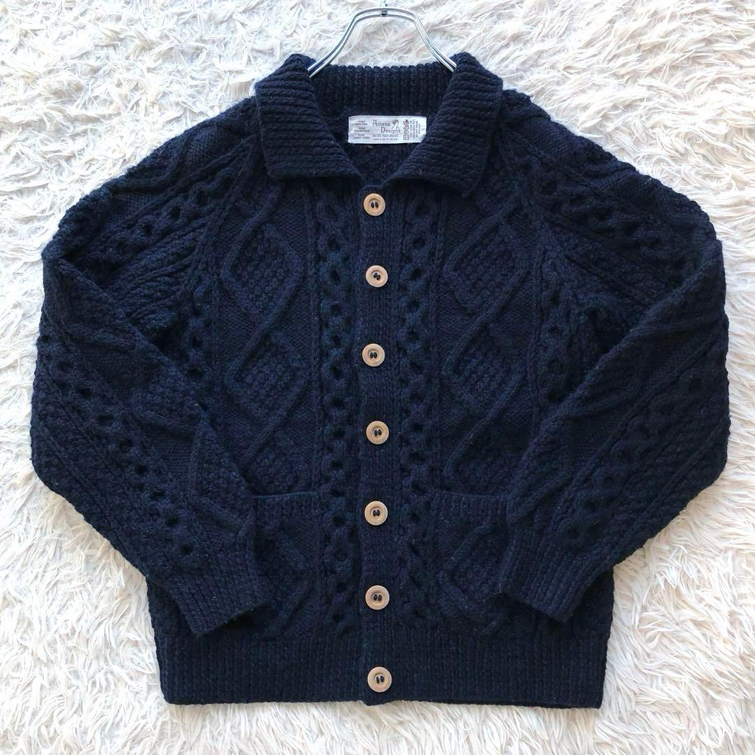 【美品アイルランド製】アテナデザイン　アランニット　カーディガン　紺　木製ボタン