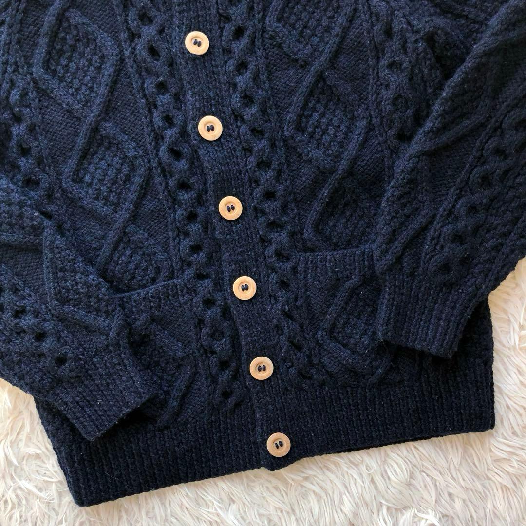 【美品アイルランド製】アテナデザイン　アランニット　カーディガン　紺　木製ボタン