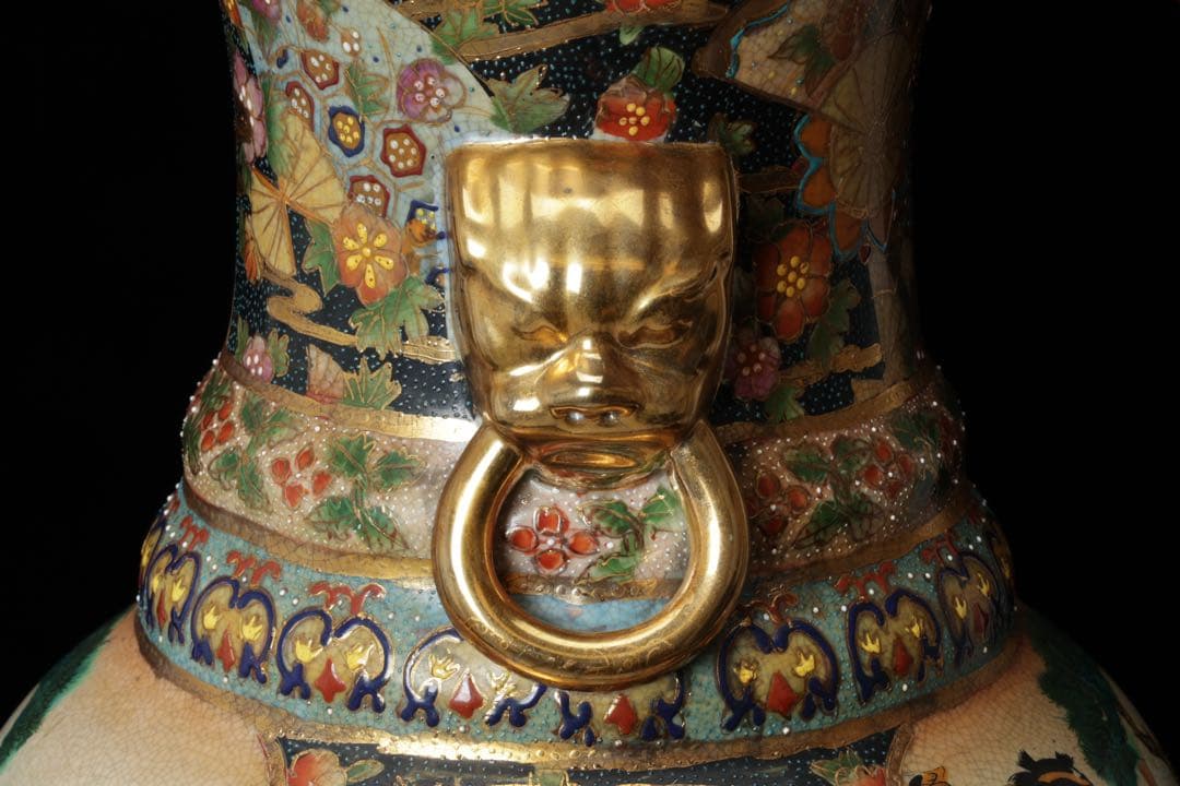 薩摩焼 金薩摩 美人図 大花瓶 高さ61.5㎝ 飾壷 耳付き 花入 古美術品