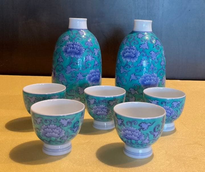 香蘭社　青華緑彩唐草文　手描き　酒器7点セット