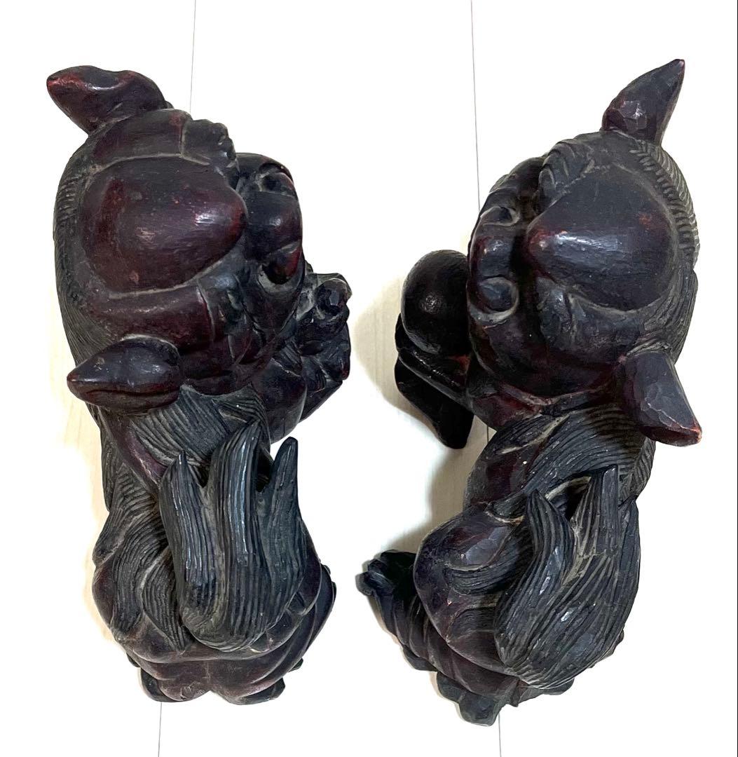 稀少珍品☆木彫置物 狛犬 獅子 シーサー 子付き・玉持ち 縁起物 魔除け