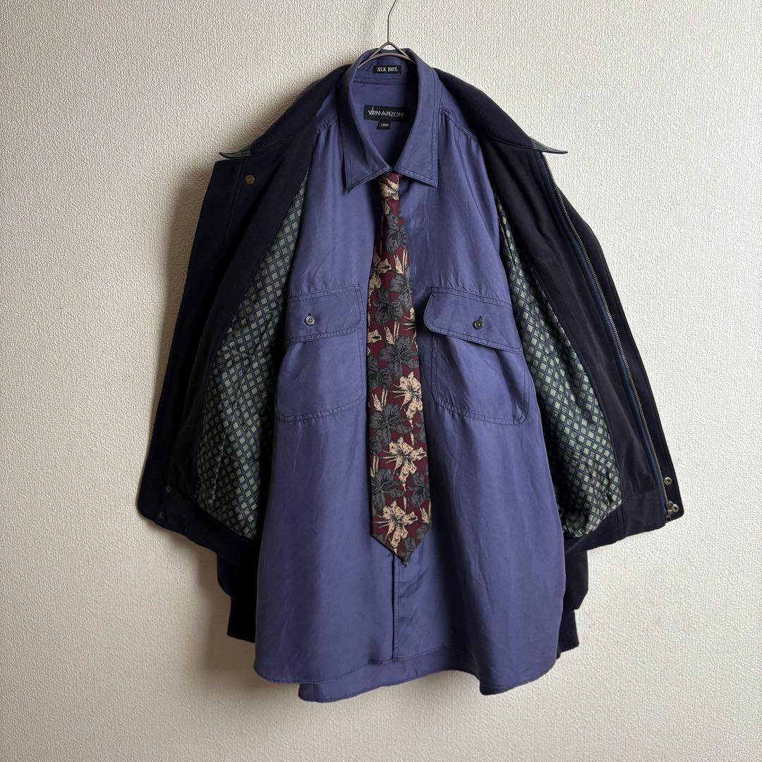 ネクタイシャツスイングトップ　スエード　シルク　ボタニカル　合成皮革切替古着