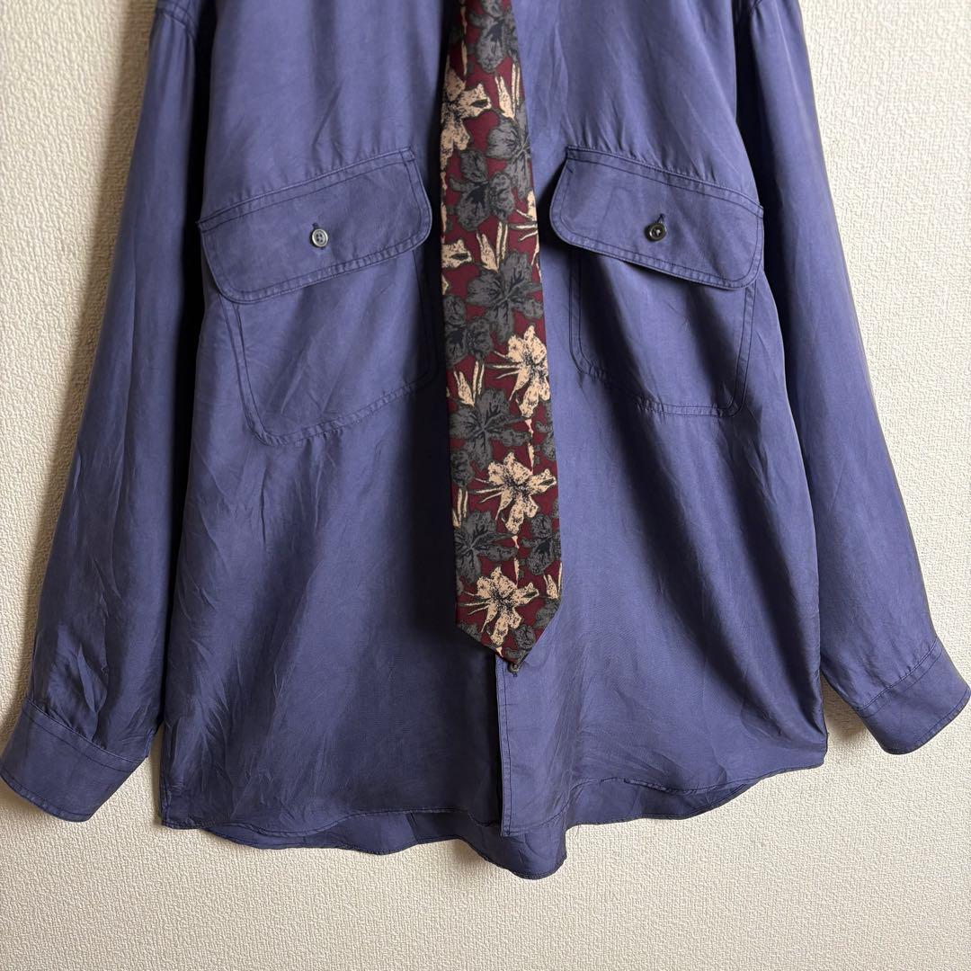 ネクタイシャツスイングトップ　スエード　シルク　ボタニカル　合成皮革切替古着