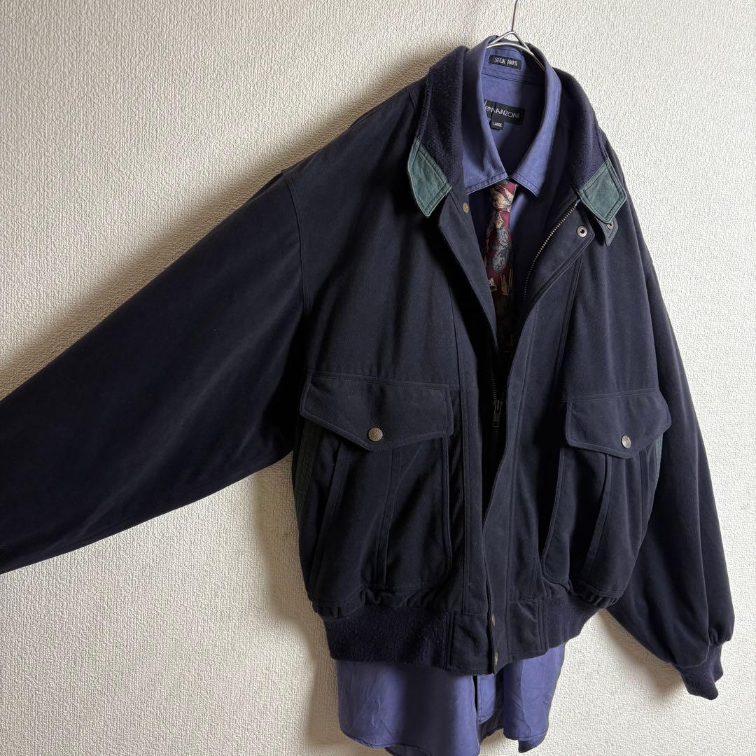 ネクタイシャツスイングトップ　スエード　シルク　ボタニカル　合成皮革切替古着