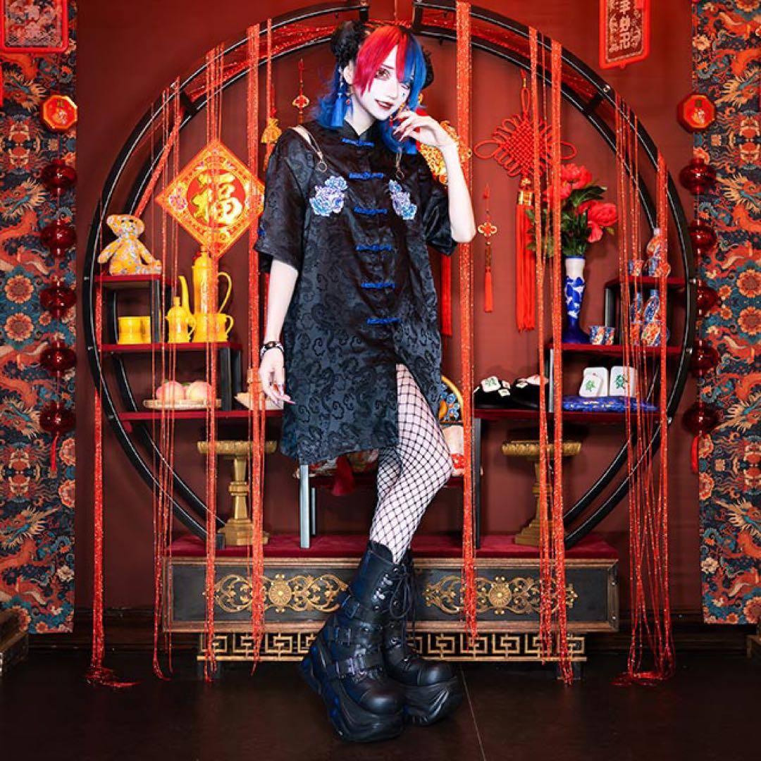 LISTEN FLAVOR　リッスンフレーバー　虎と牡丹 の チャイナシャツ 黒