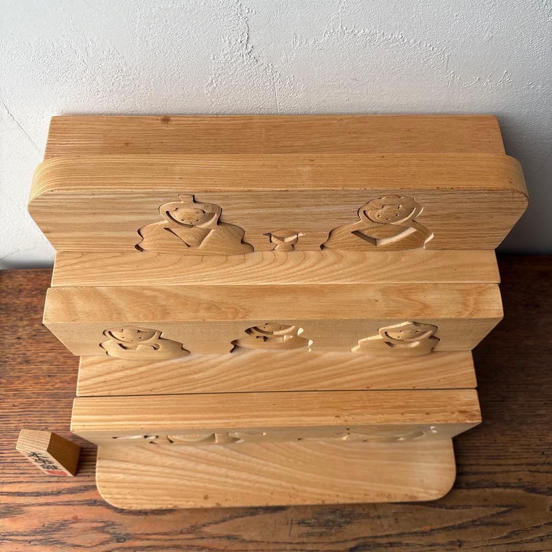 木製 ひな人形 ひな祭り 三人官女 籠 牛車 3段飾り コンパクト 組木 積み木