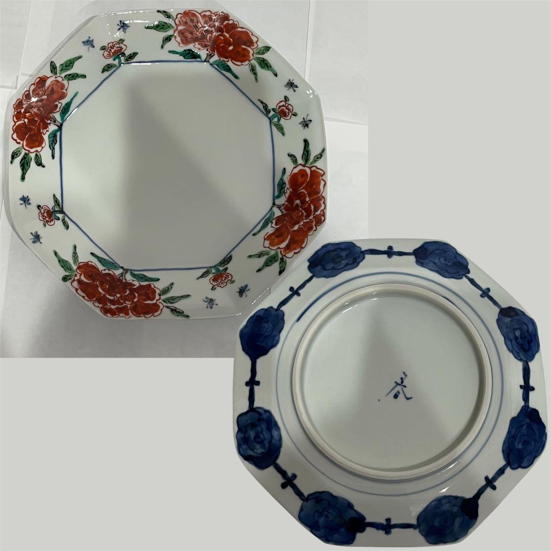 【新品】正木春蔵 色絵染附 牡丹文八角皿 3枚セット