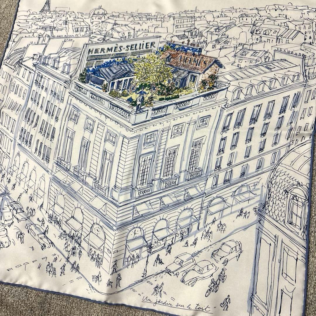 新品　エルメス　スカーフ　屋根の上の庭　希少　ガヴロッシュ　ホワイト、ブルー