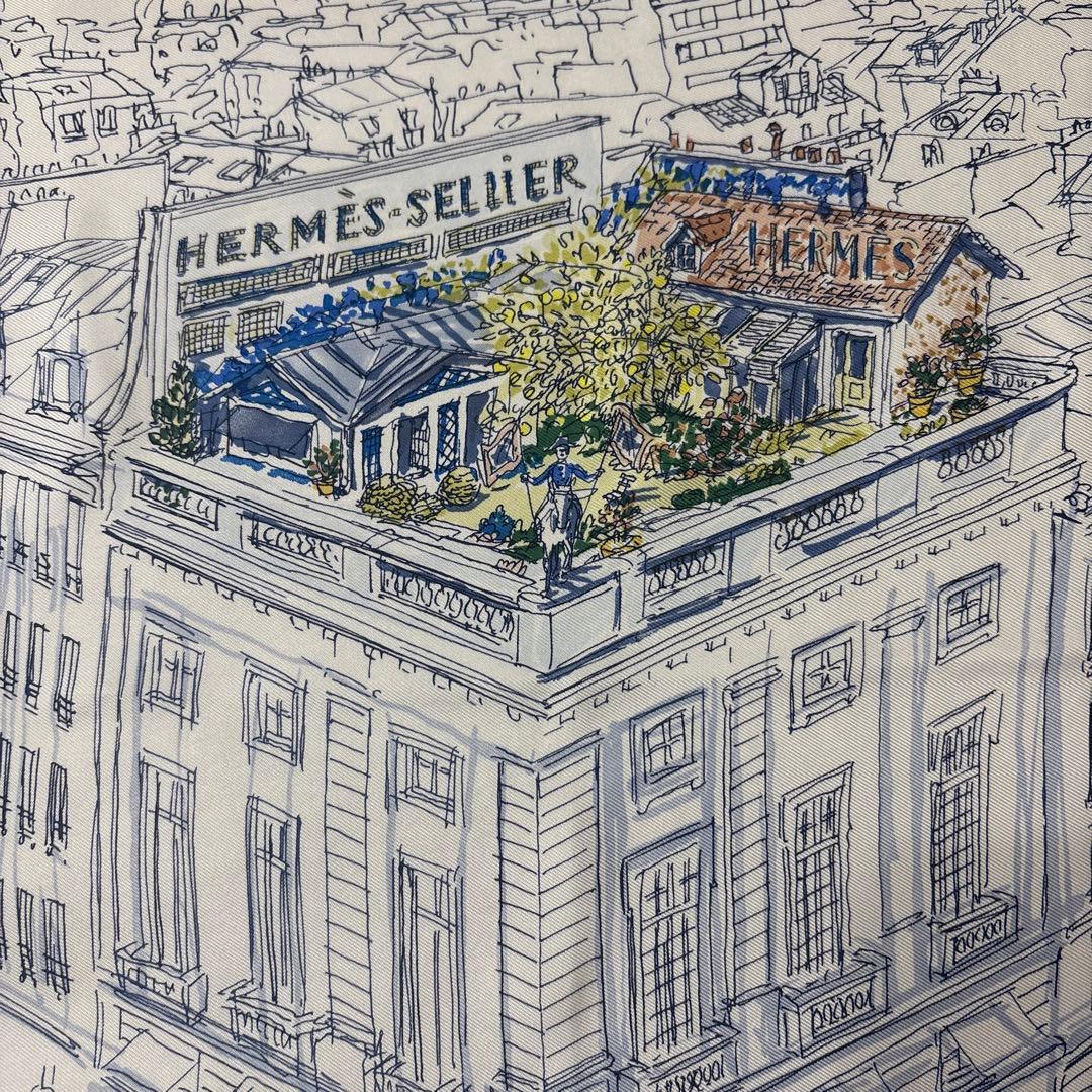 新品　エルメス　スカーフ　屋根の上の庭　希少　ガヴロッシュ　ホワイト、ブルー