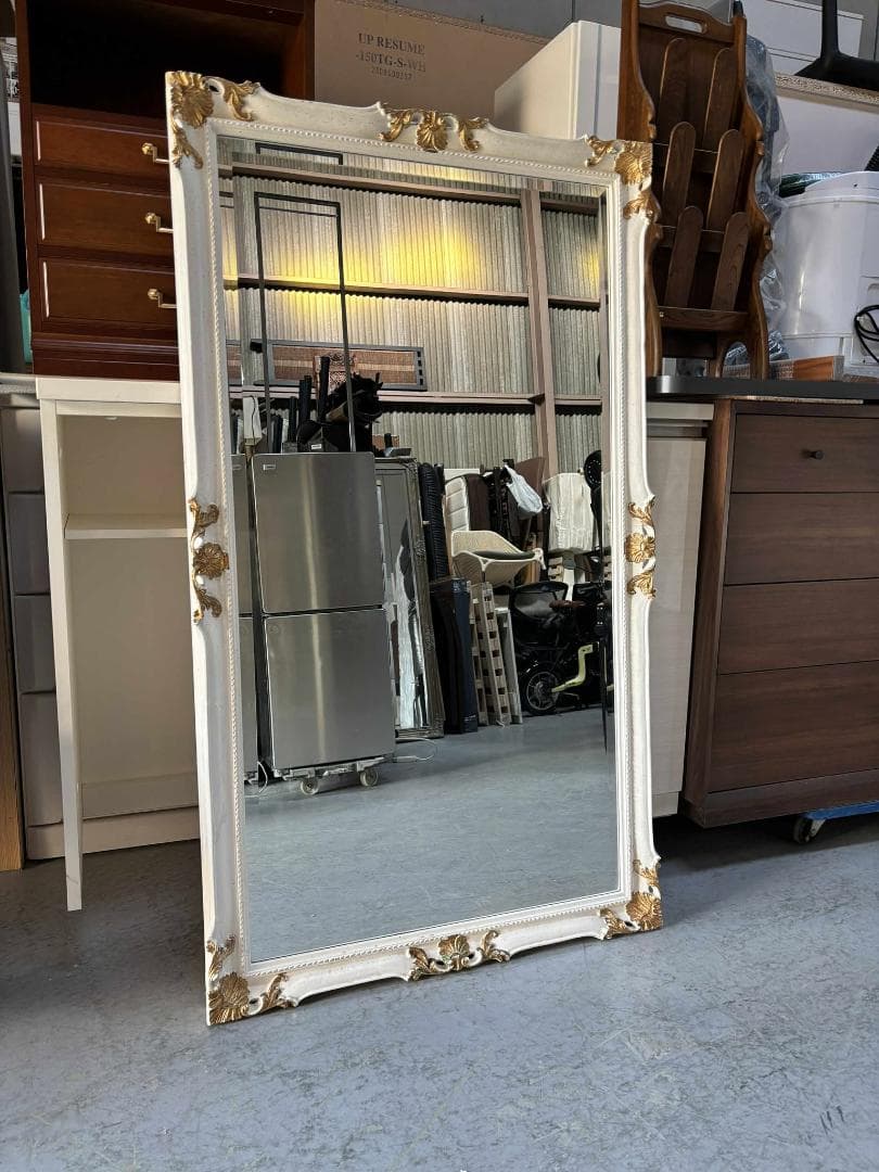 ゴールド イタリア製 アンティーク調 白とゴールド ミラー 姿見 壁掛け