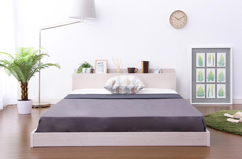 【シングル　ホワイトオーク】 棚付きデザインフロアベッド <マットレス付き>