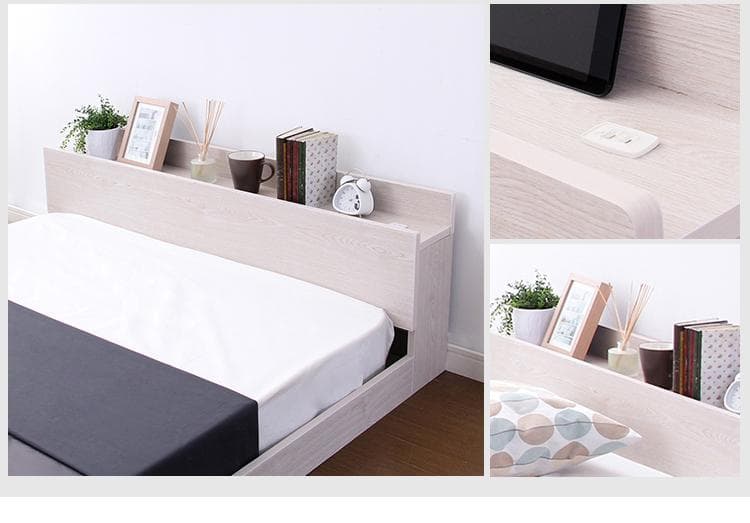 【シングル　ホワイトオーク】 棚付きデザインフロアベッド <マットレス付き>