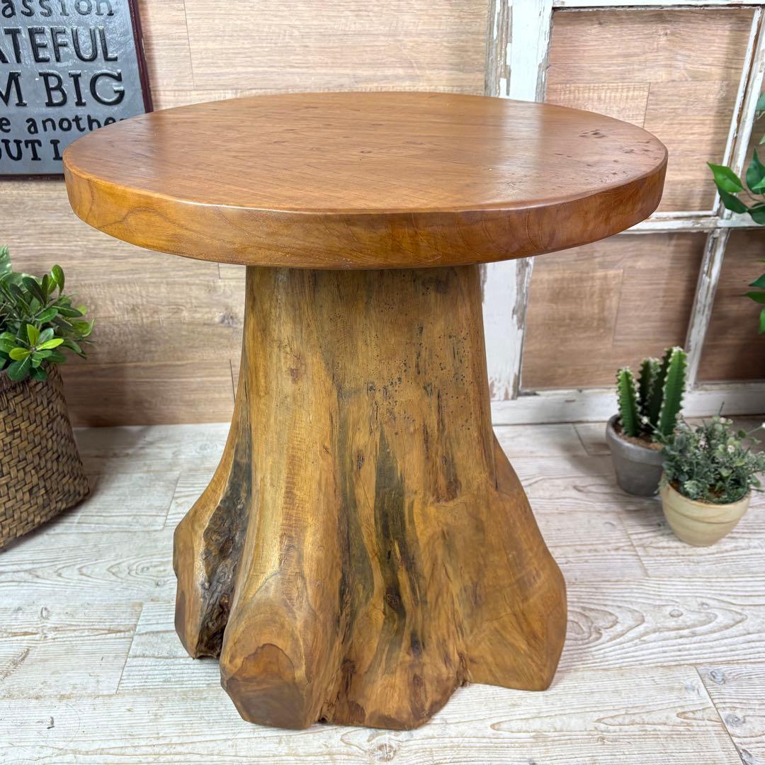 新商品入荷オールドチーク天然無垢丸太花台L（50㎝×51㎝）サイドテーブル飾り台
