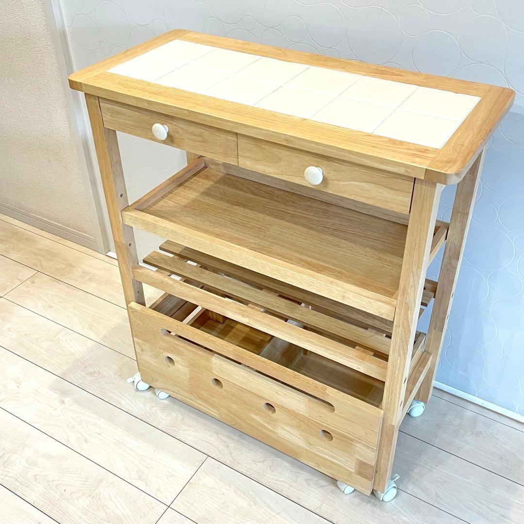 【美品】 タイル天板 木製キッチンワゴン キャスター付 北欧 収納棚 カントリー
