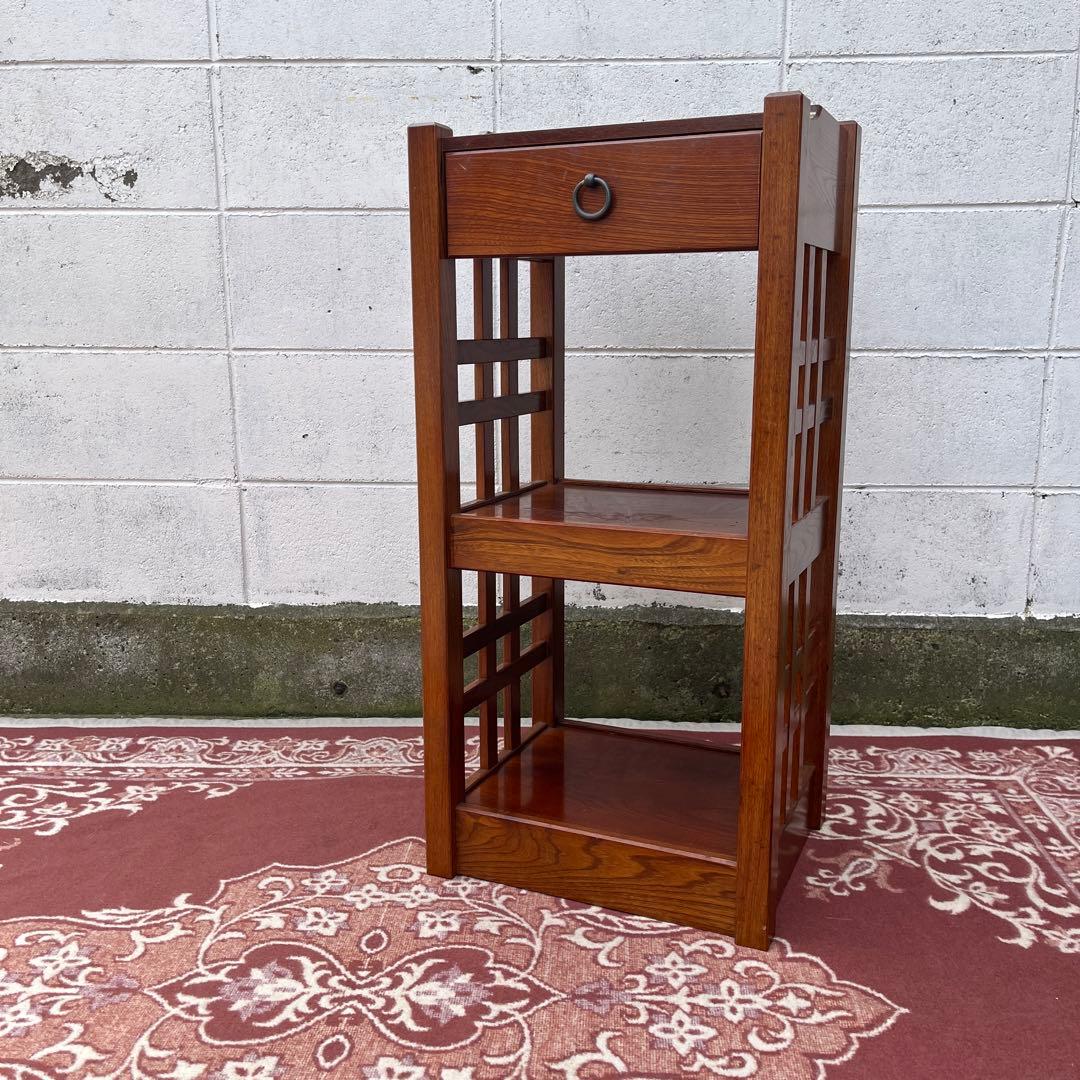 木製家具◾️欅材 サイド格子パネル 引き出し収納付き 整理棚 収納棚 電話台