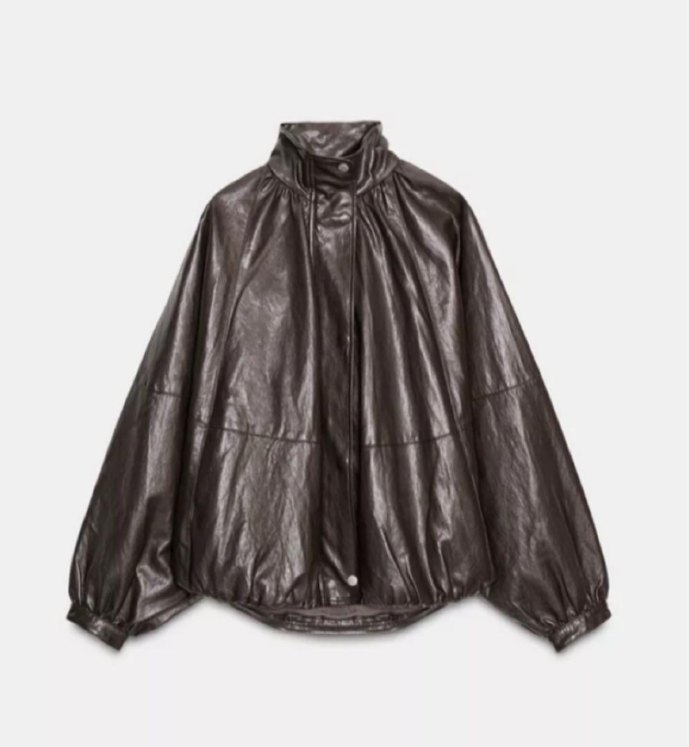 ZARA ダークブラウン　フェイクレザーボンバージャケット