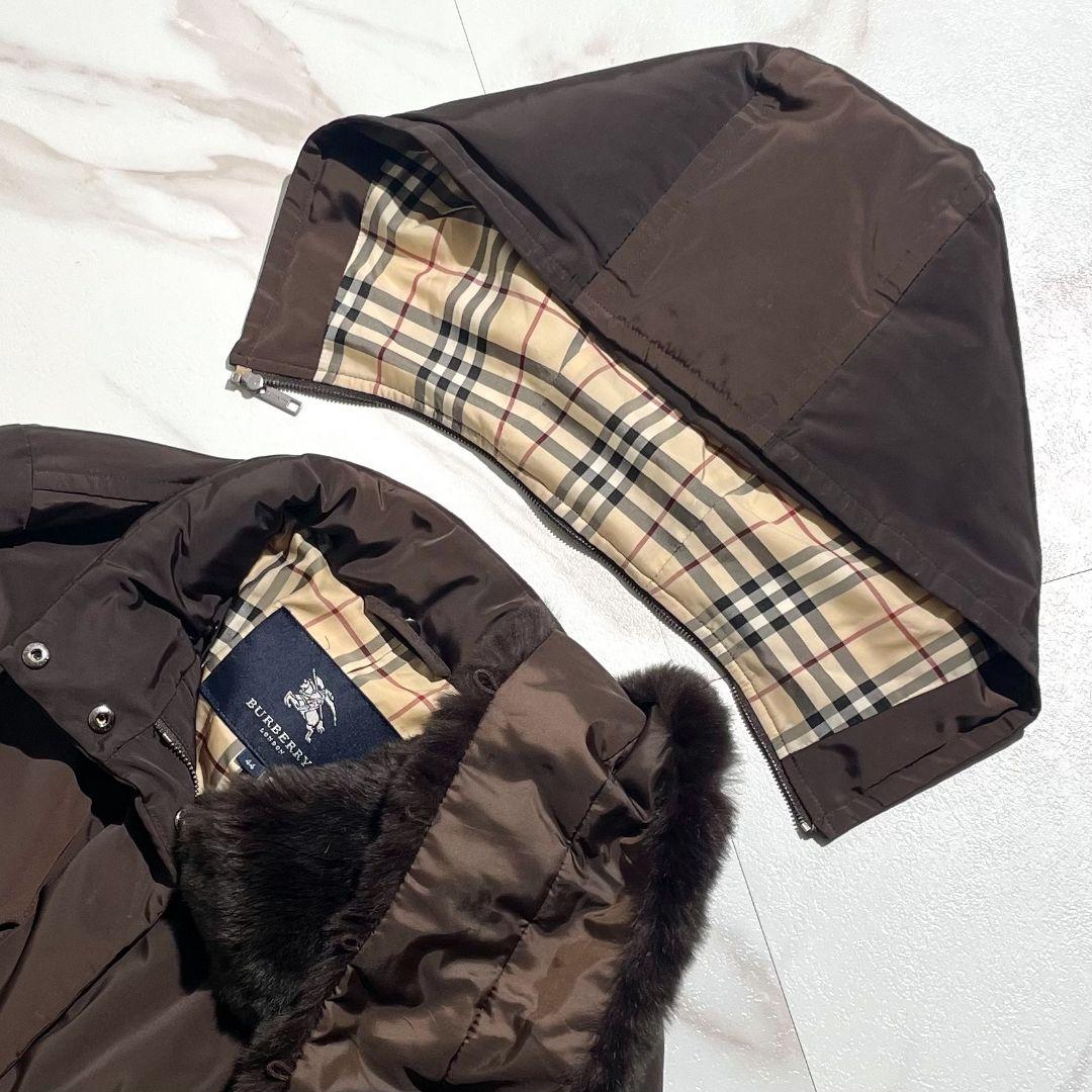 美品！バーバリーロンドンダウンコートノバチェックラビットファーフード着脱可 44