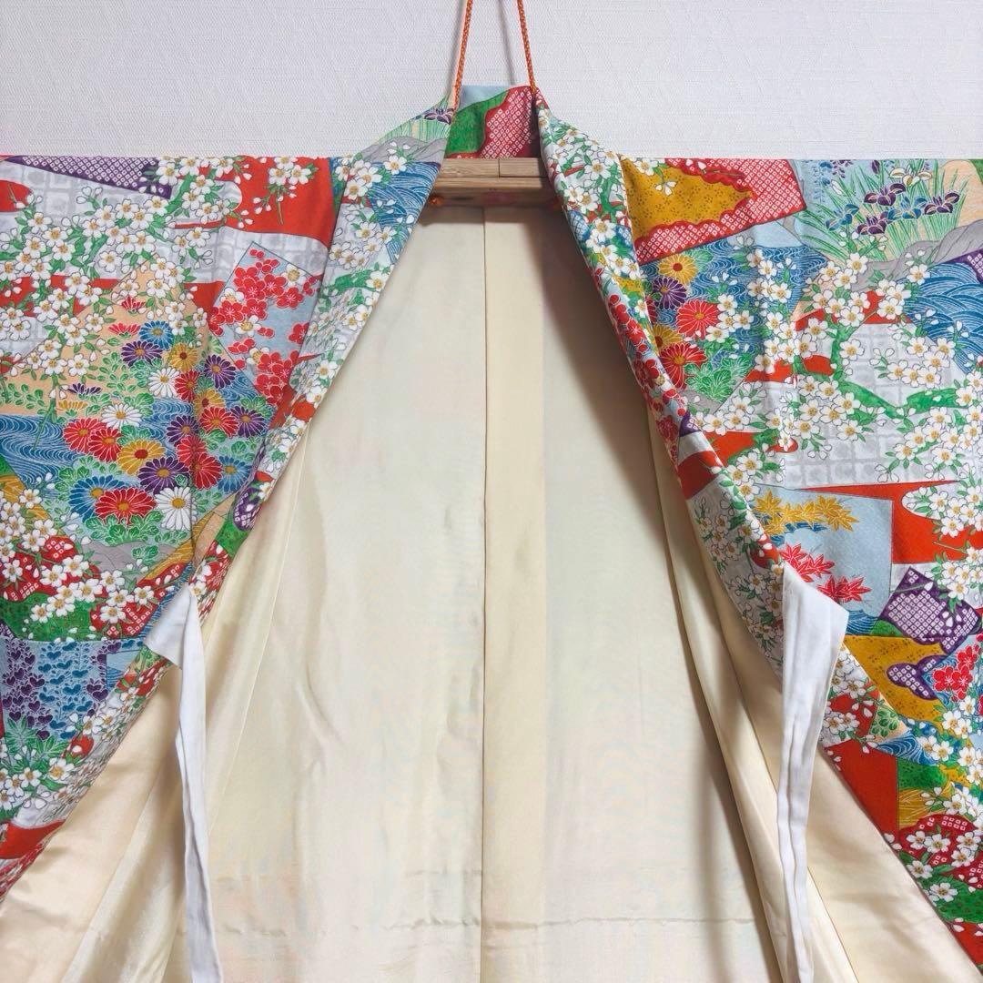 【女の子】 着物単品 草花模様 流水 波紋様 七五三 7歳