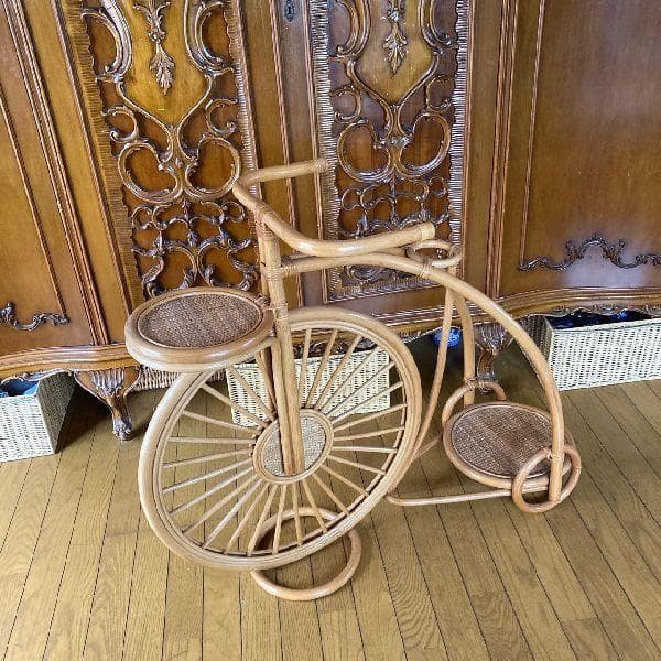ヴィンテージ*古いラタンのペニー・ファージング型フラワースタンド飾り棚 自転車