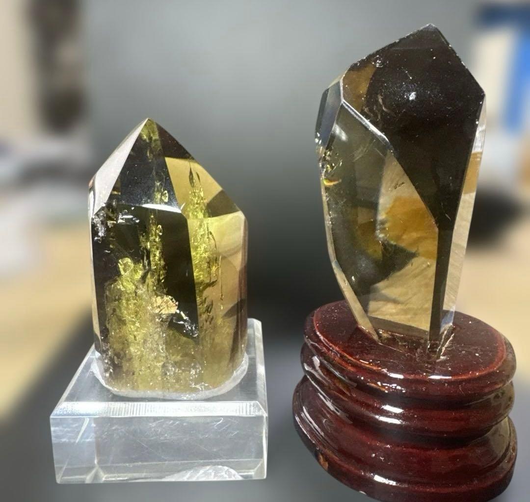 高透明 スモーキーシトリン原石 2点セット 台座付