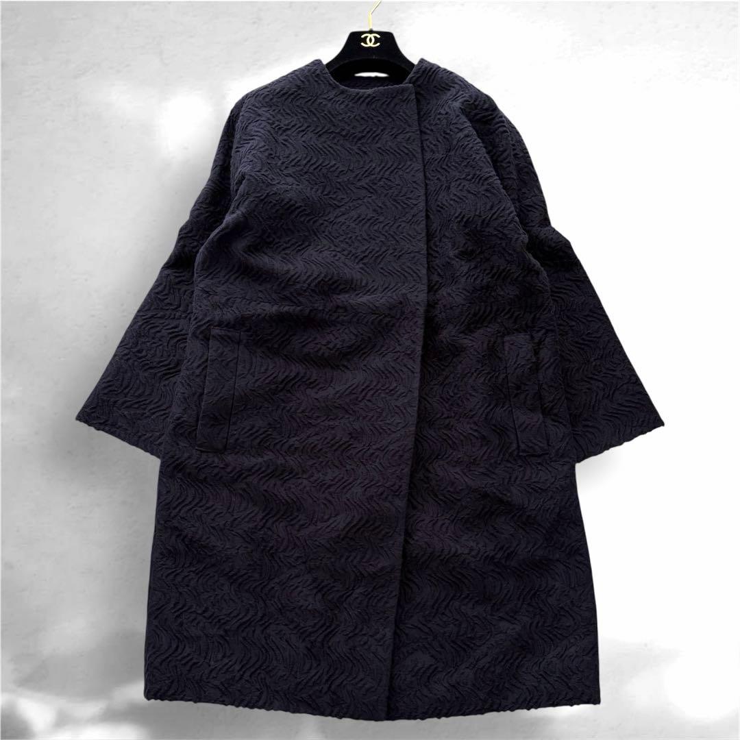 【希少✨】EPOCAエポカ ジャガードノーカラーコート ネイビー ゆったり40