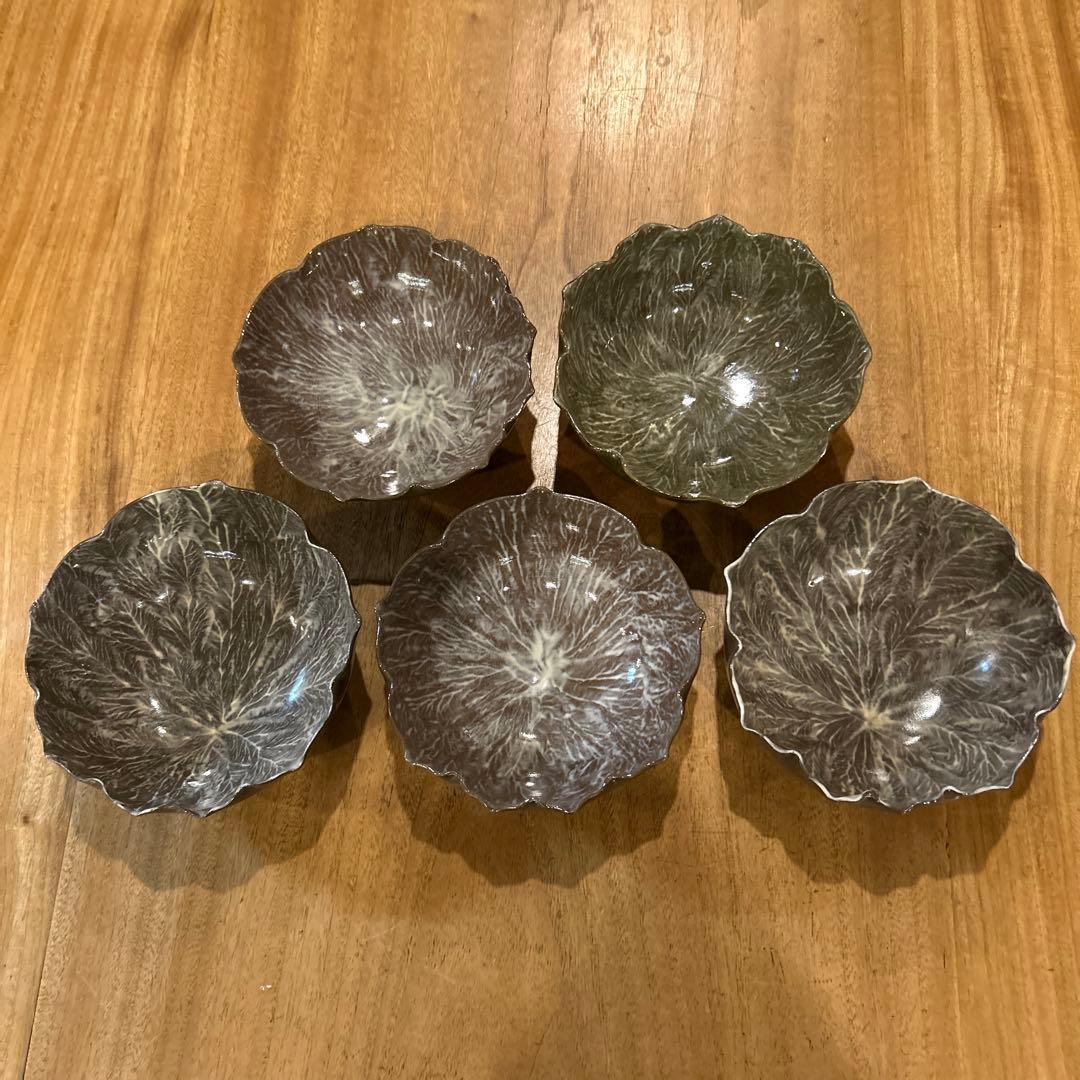 長崎　現川焼 十二代 横石臥牛宗雲作 刷毛目 花形鉢　五個　希少　二