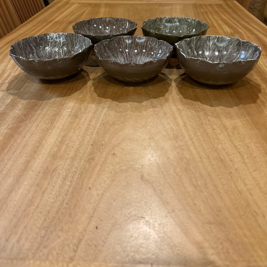 長崎　現川焼 十二代 横石臥牛宗雲作 刷毛目 花形鉢　五個　希少　二