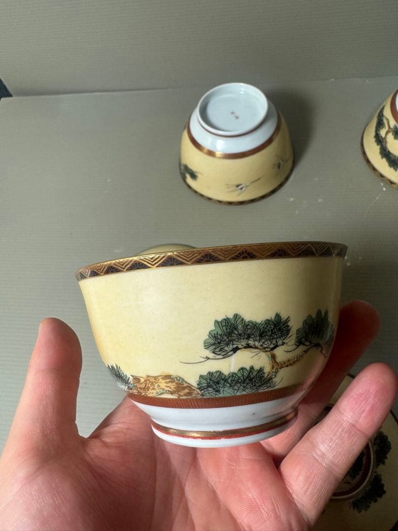 2573 九谷焼　松鶴　蓋付き碗　3客　時代物