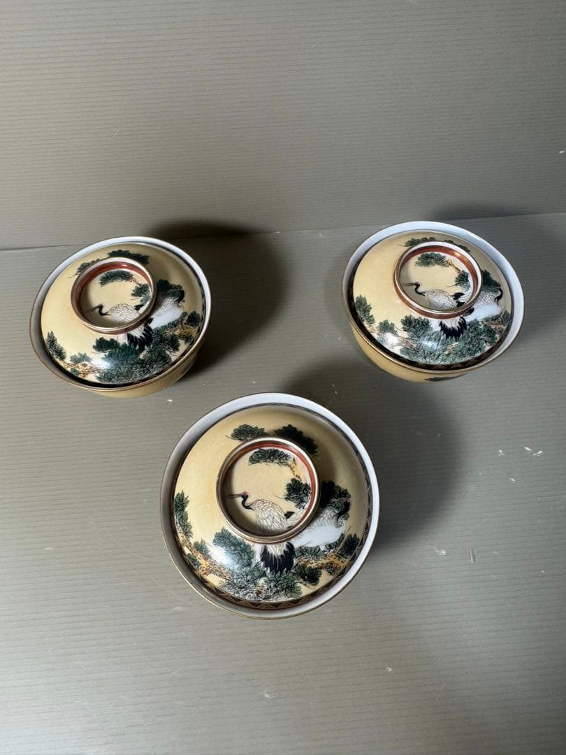 2573 九谷焼　松鶴　蓋付き碗　3客　時代物