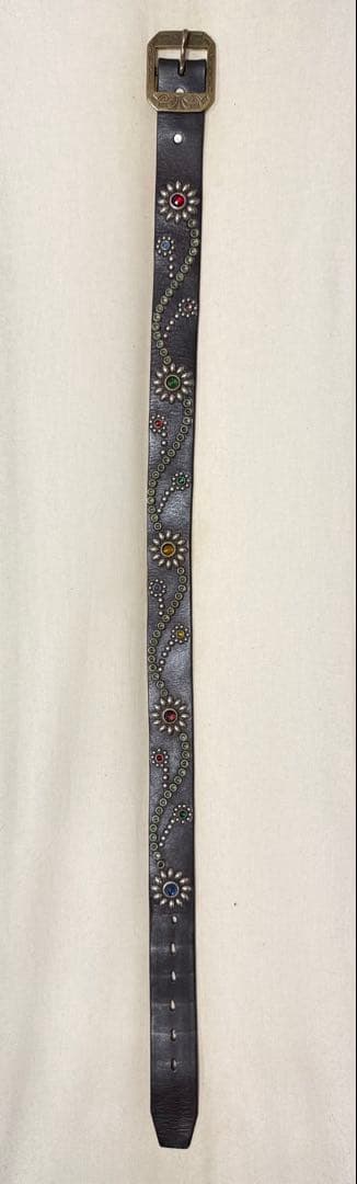 レア⭐️HTC⭐️ヴィンテージバックル&フラワースタッズ⭐️黒革×マルチストーン⭐️34