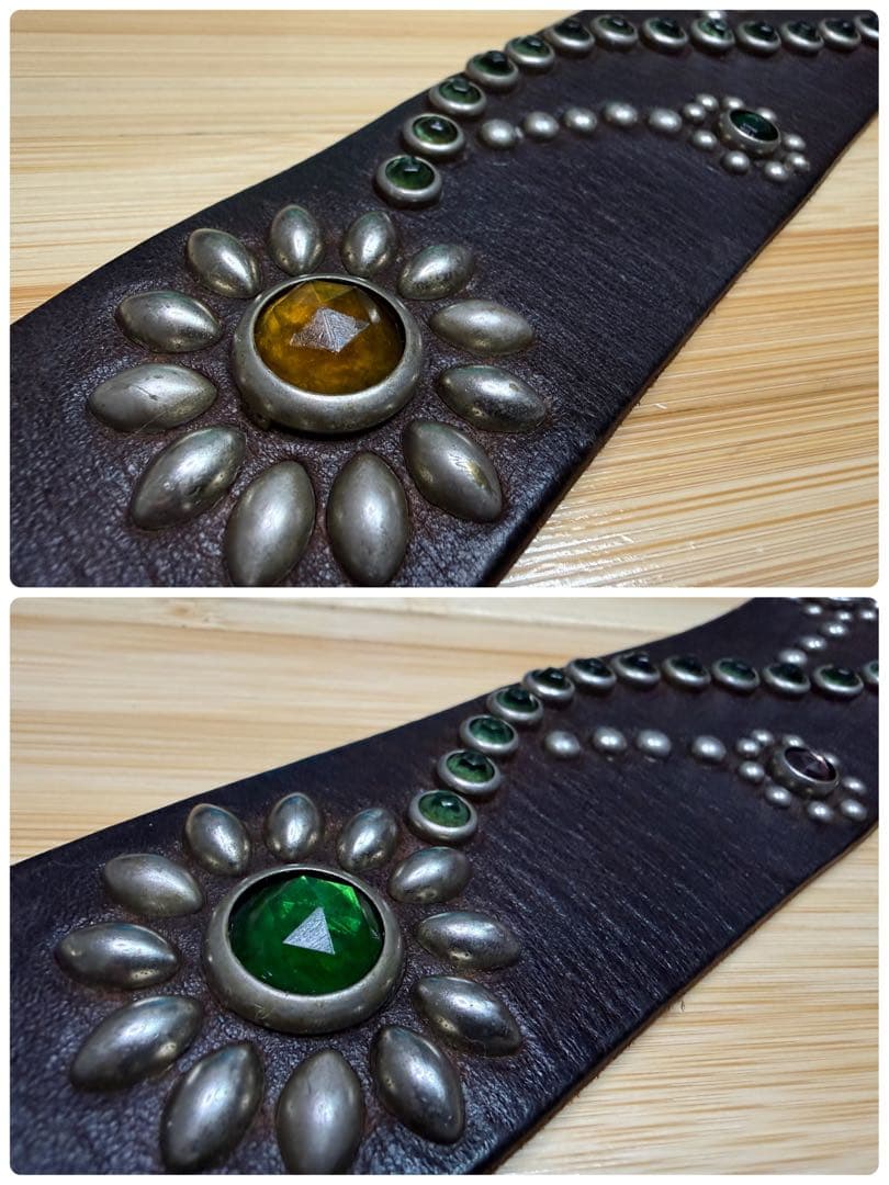 レア⭐️HTC⭐️ヴィンテージバックル&フラワースタッズ⭐️黒革×マルチストーン⭐️34
