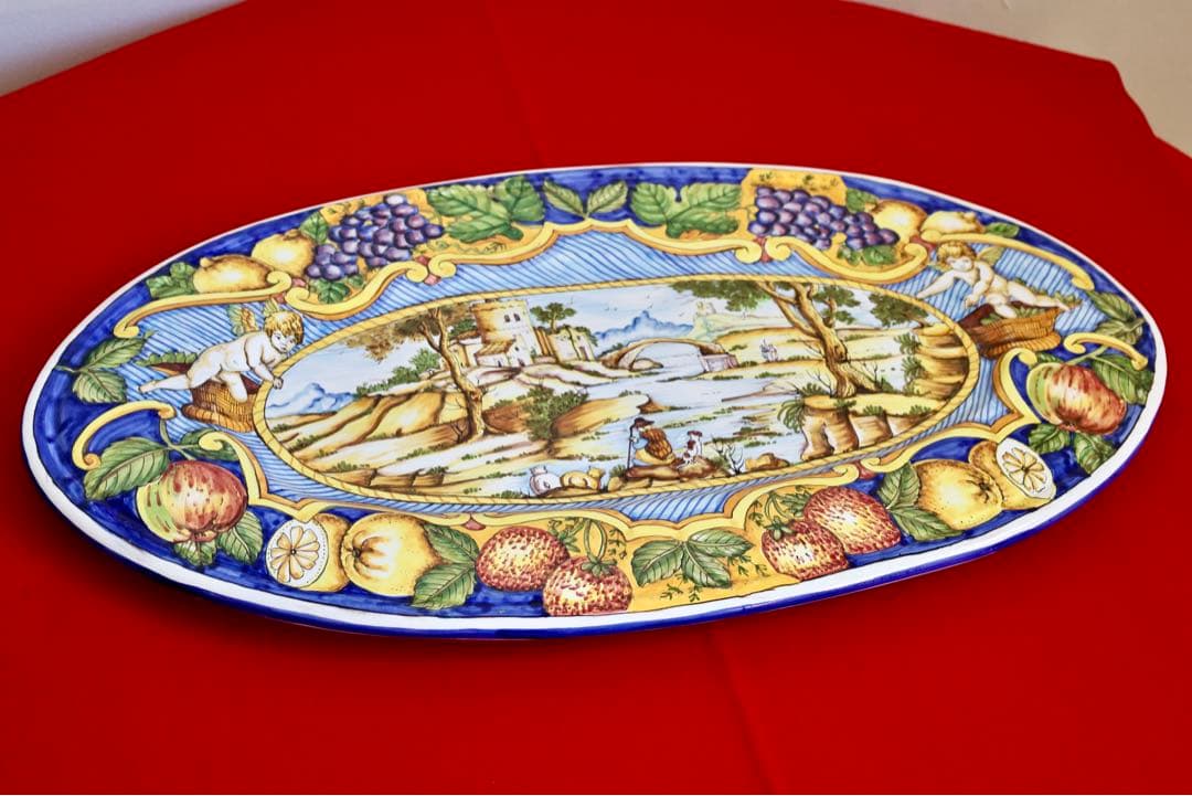 イタリア雑貨・大皿・飾皿【デルータ　マヨルカ焼き　高級絵皿　天使　オーバル皿】