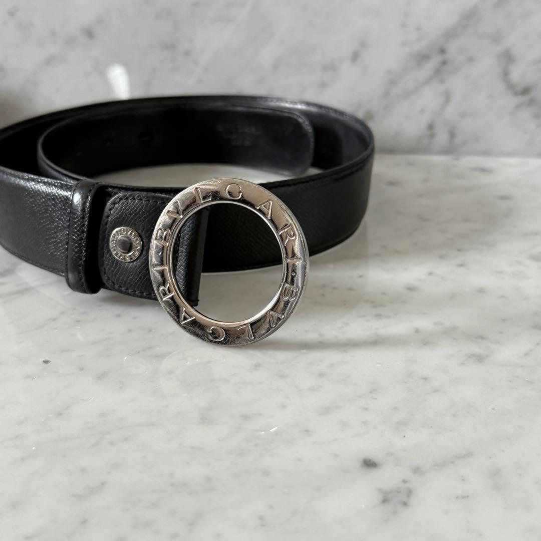 BVLGARI ブルガリ ベルト 本革 ブラック シルバー 太幅 リング