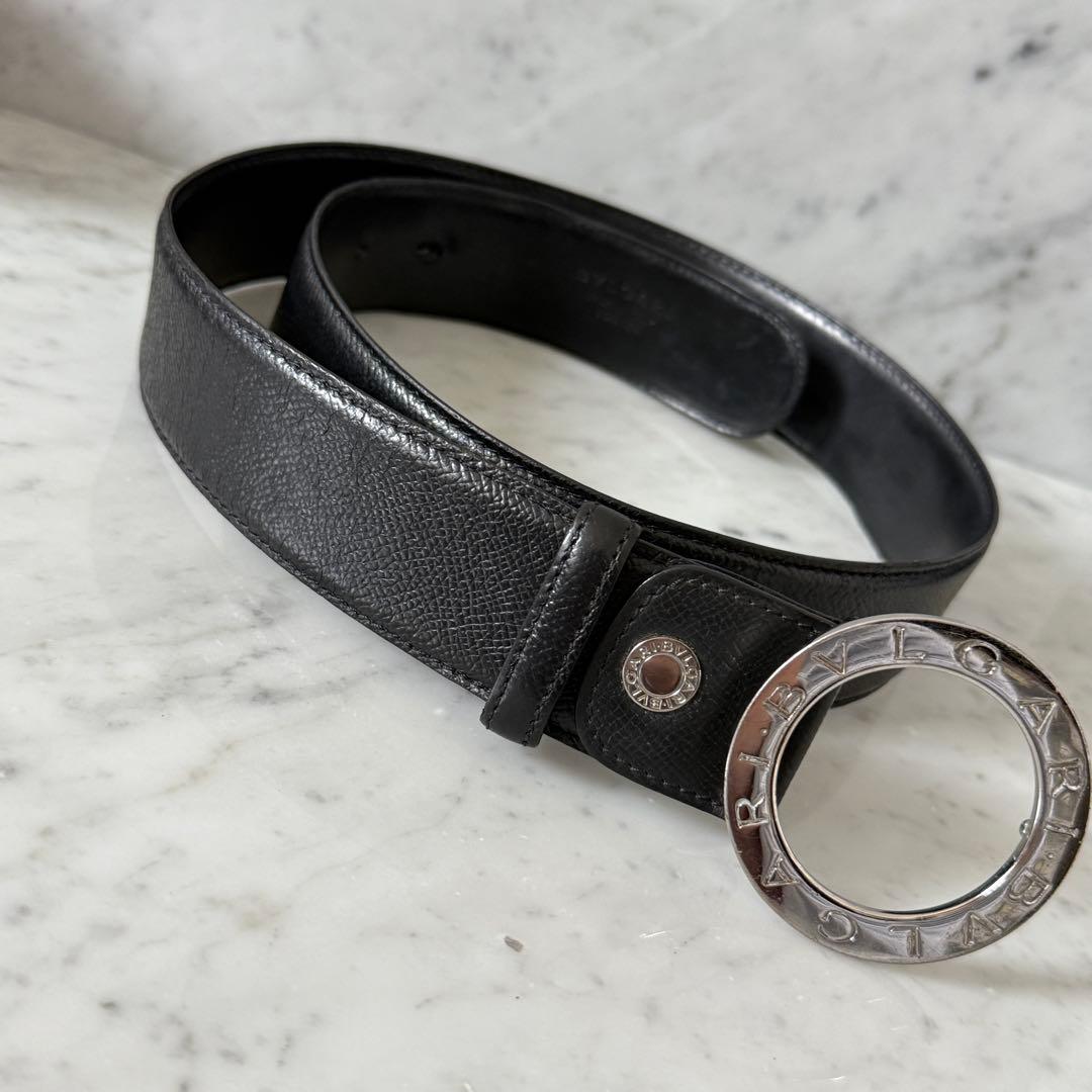 BVLGARI ブルガリ ベルト 本革 ブラック シルバー 太幅 リング