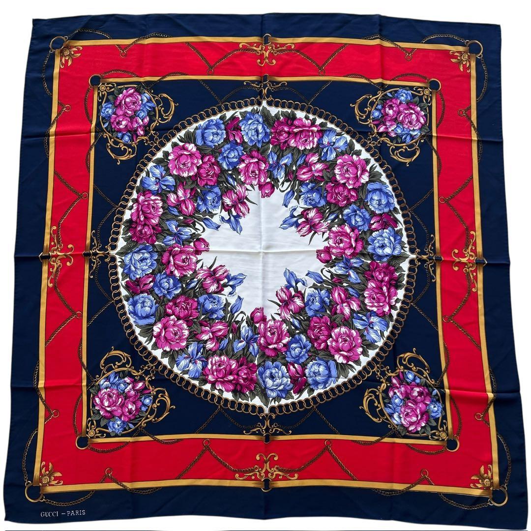 GUCCI グッチ 大判スカーフ 花柄 美品 シルク 85×87cm ネイビー