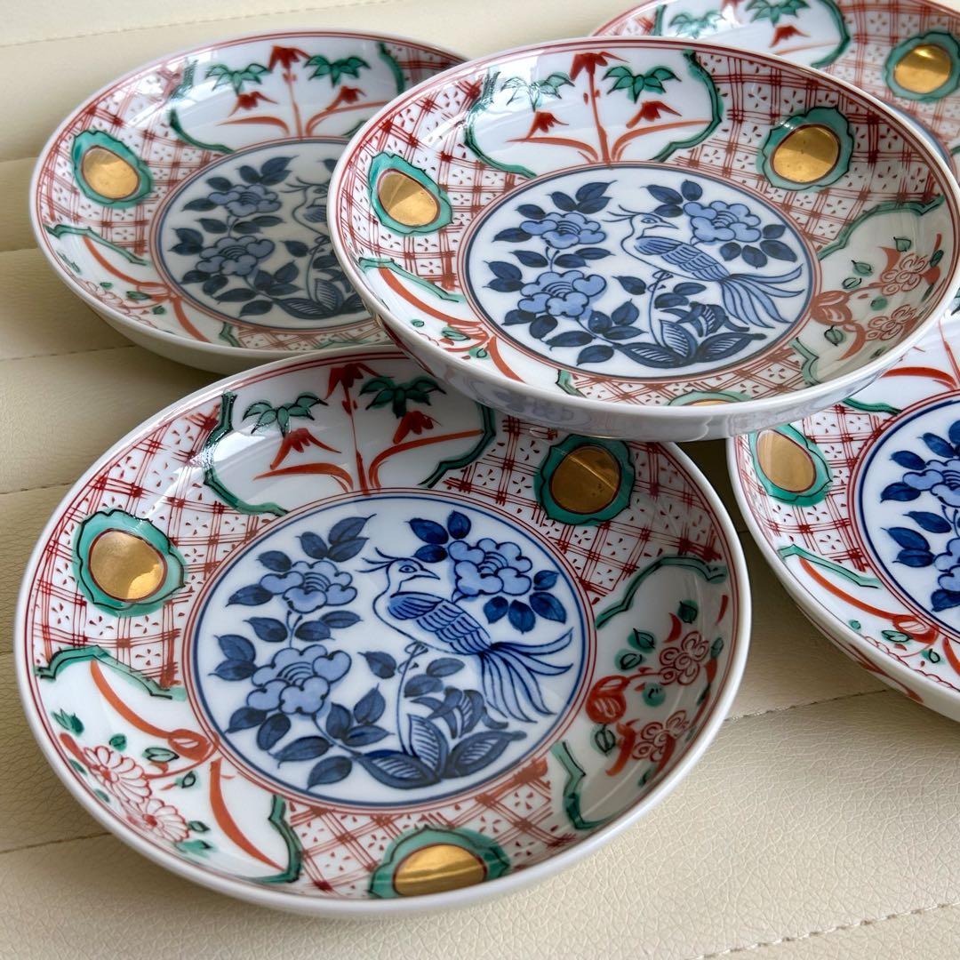 清水焼　京焼　呉須赤絵花鳥　金彩　銘々皿揃　5枚セット　取り皿　古伊万里　色絵