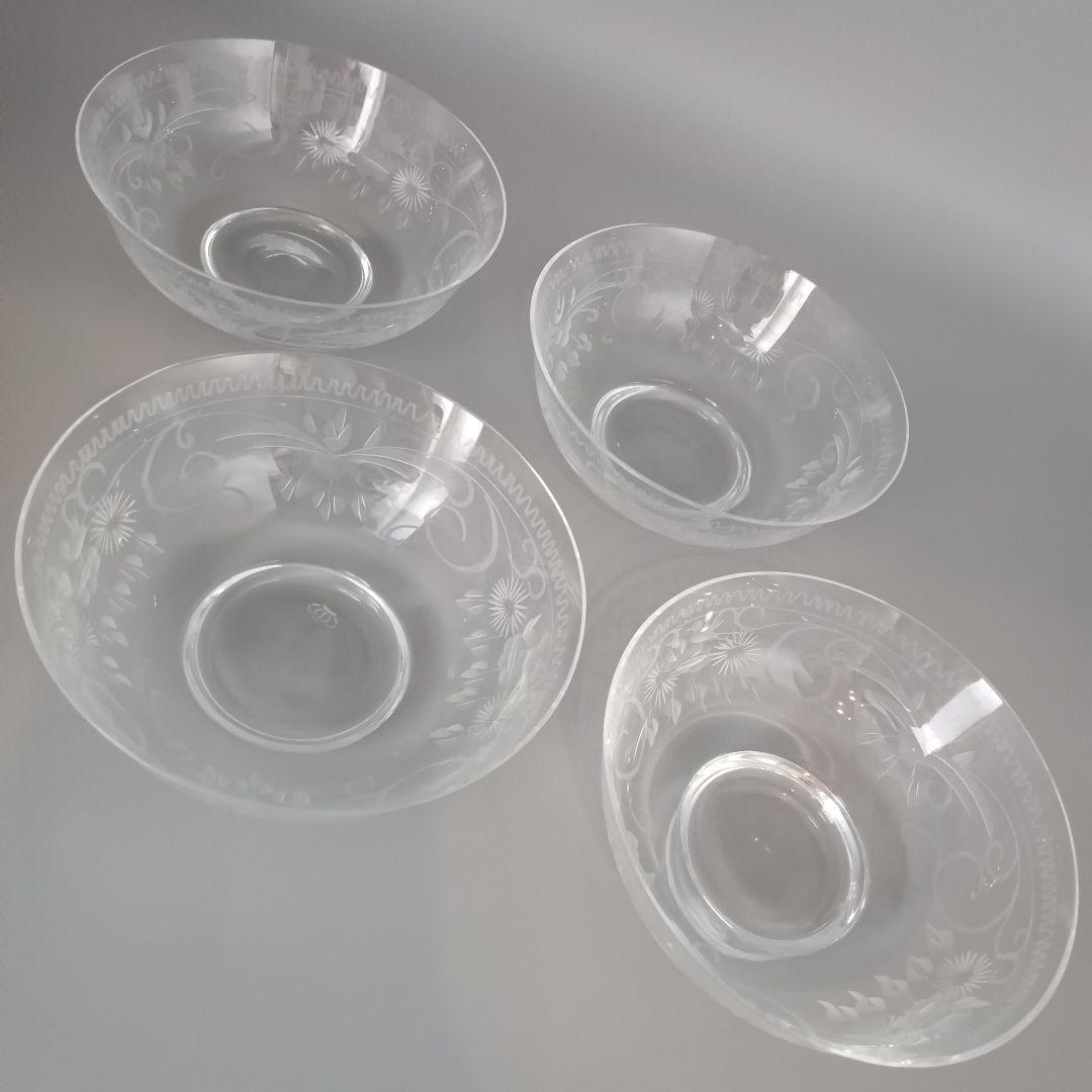 ドイツ テレジアンタール 12cm ボウル 4点セット ガラス 鳥 花