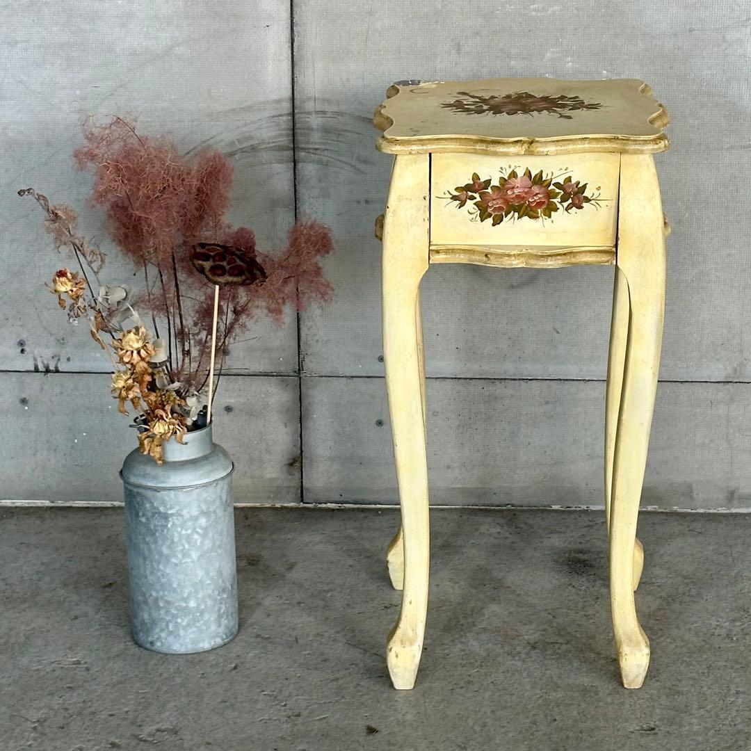 イタリア製 サイドテーブル 猫脚 ローズ ハンドペイント アンティーク シャビー