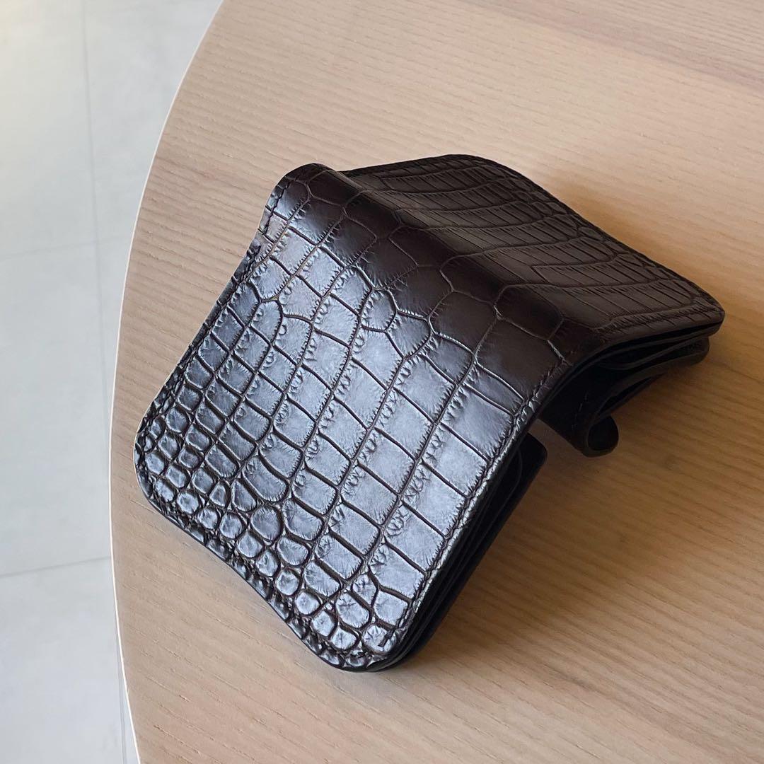 【限定セール】 二つ折り財布 クロコダイル ポロサス ダークブラウン系