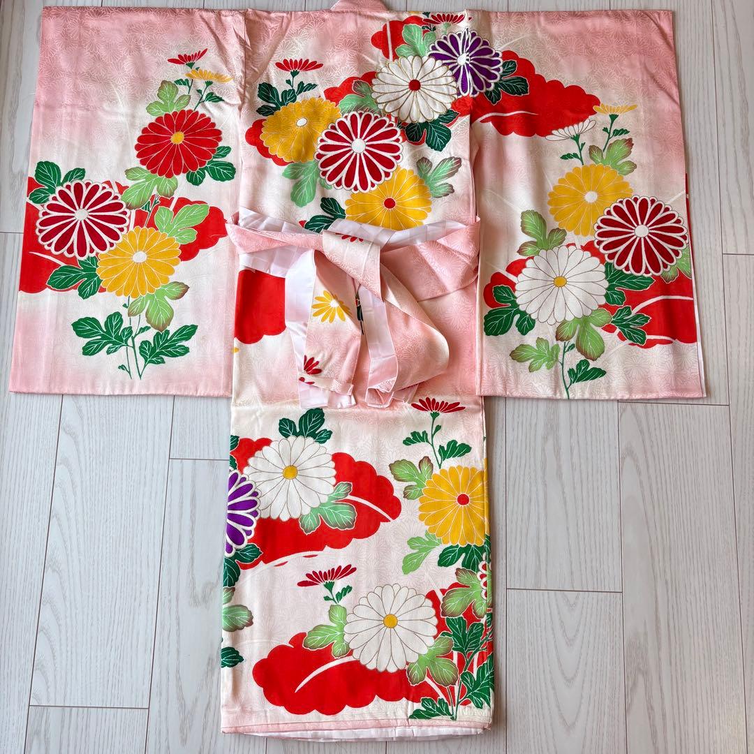 七五三 産着　着物　ピンク　花柄　襦袢付き