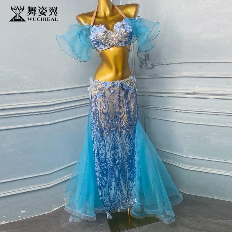 ベリーダンス衣装 ビジュー ブルー×パープル舞台用 ロングスカートセット