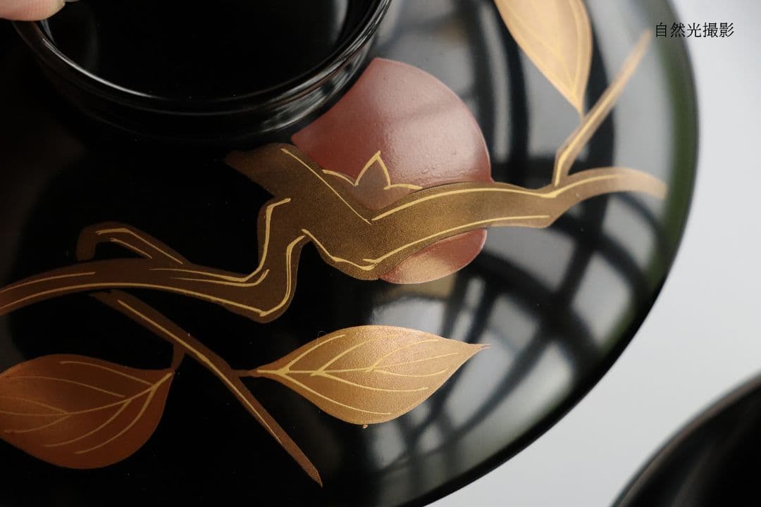 CK71 漆芸 木製漆器 輪島塗 柿蒔絵 黒塗御吸物椀 三客 / 秋 果物