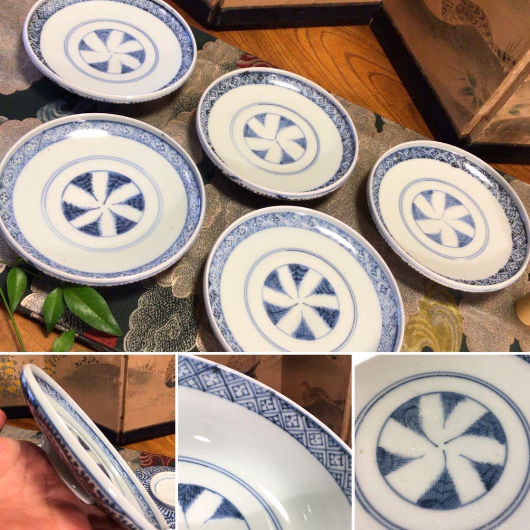 A341 古伊万里　染付　蛸唐草紋様　蓋付丼　蓋茶碗　5客