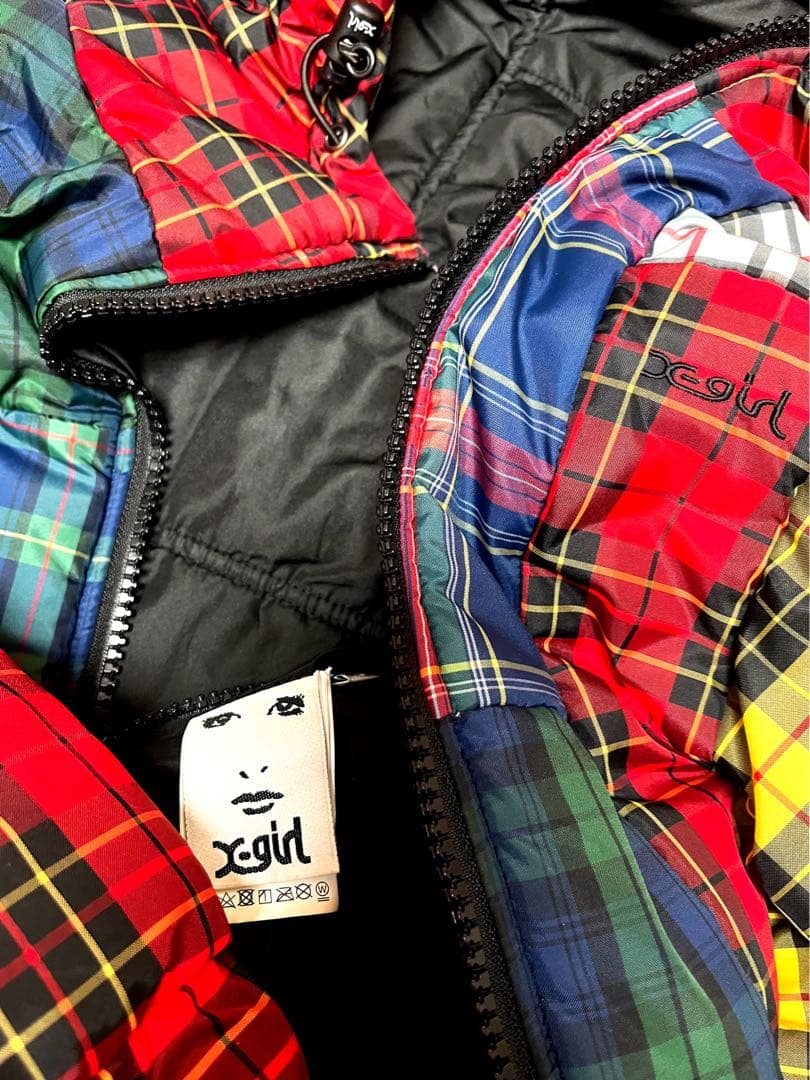 X-girl クレイジータータンチェックダウンジャケット 大きいサイズ 個性的