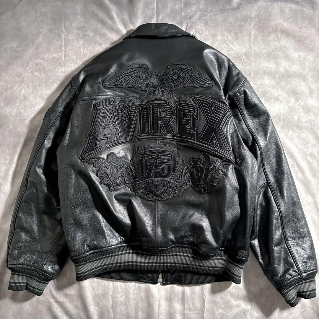 アヴィレックス　オールブラック　ヴァーシティー　レザージャケット　スタジャン　L