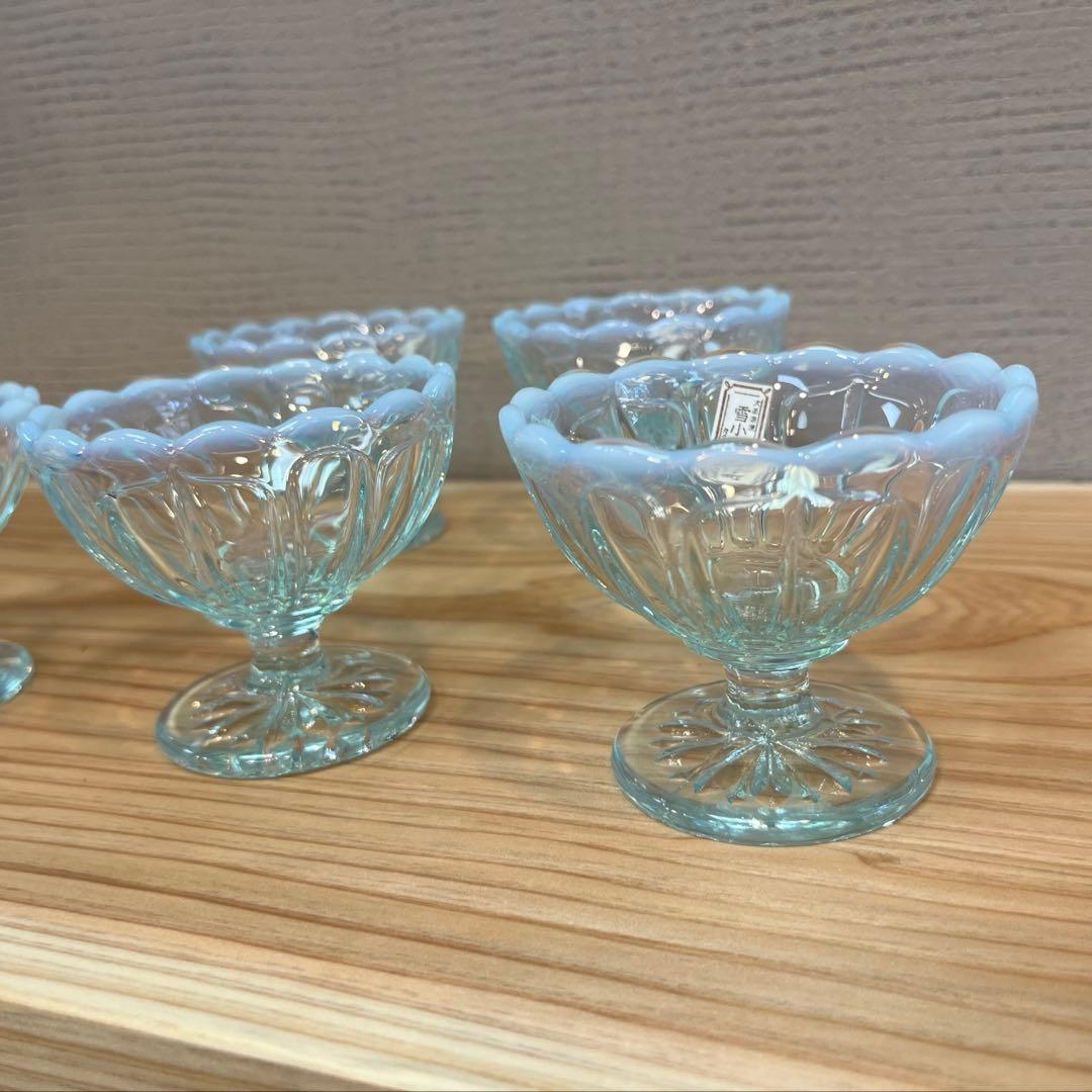 カメイガラス　大正浪漫　雪小町　足付きグラス　デザートカップ　高台　5点