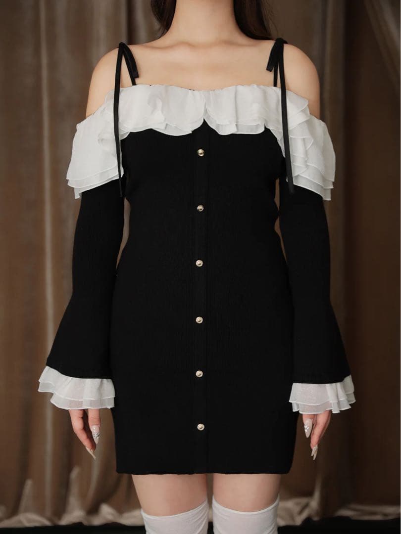 ワンピース M me eme Noir frill ribbon mini onepiece